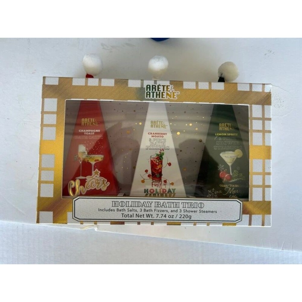 Arete & Athene Holiday Bath Trio Gift Set Bath Salts Fizzers Shower Steamers